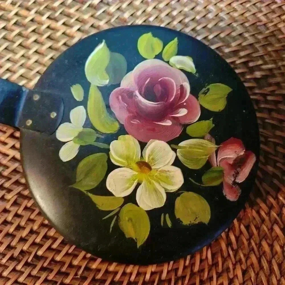 Vintage Decorative Silent Butler Floral Painted Folk‎ Art Hinged Lid